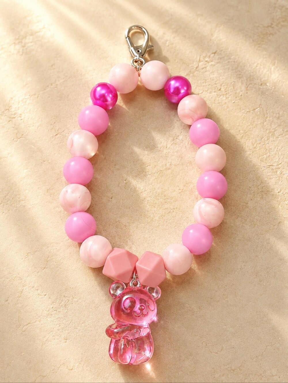 Pink Beaded Keychain with Bear Pendant